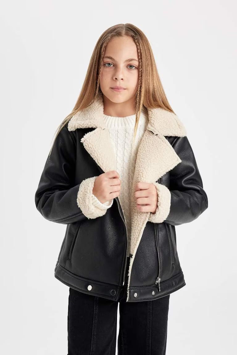 Girl Waterproof Jacket Collar Plush Lining Faux Leather Jacket - -