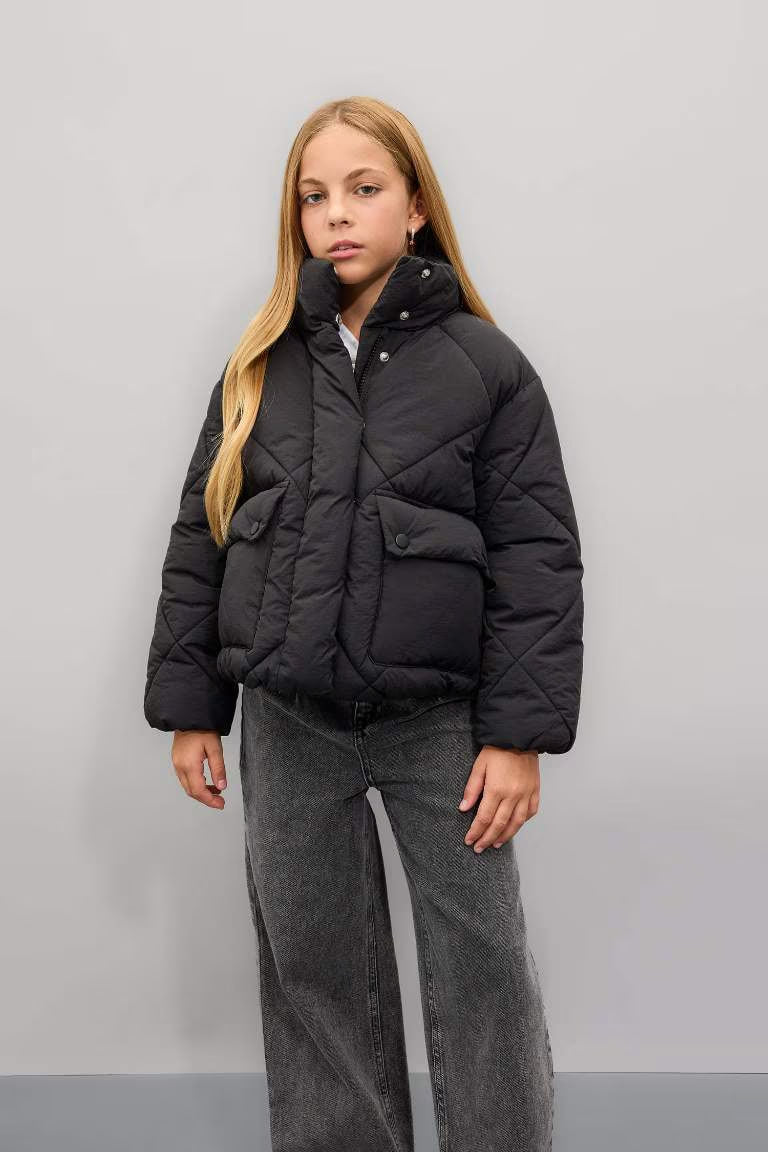 Girl Stand Collar Pocket Waterproof Puffer Jacket - -