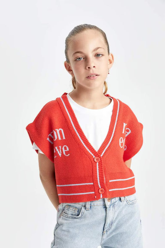 Girl V-Neck Knit Vest - - Red