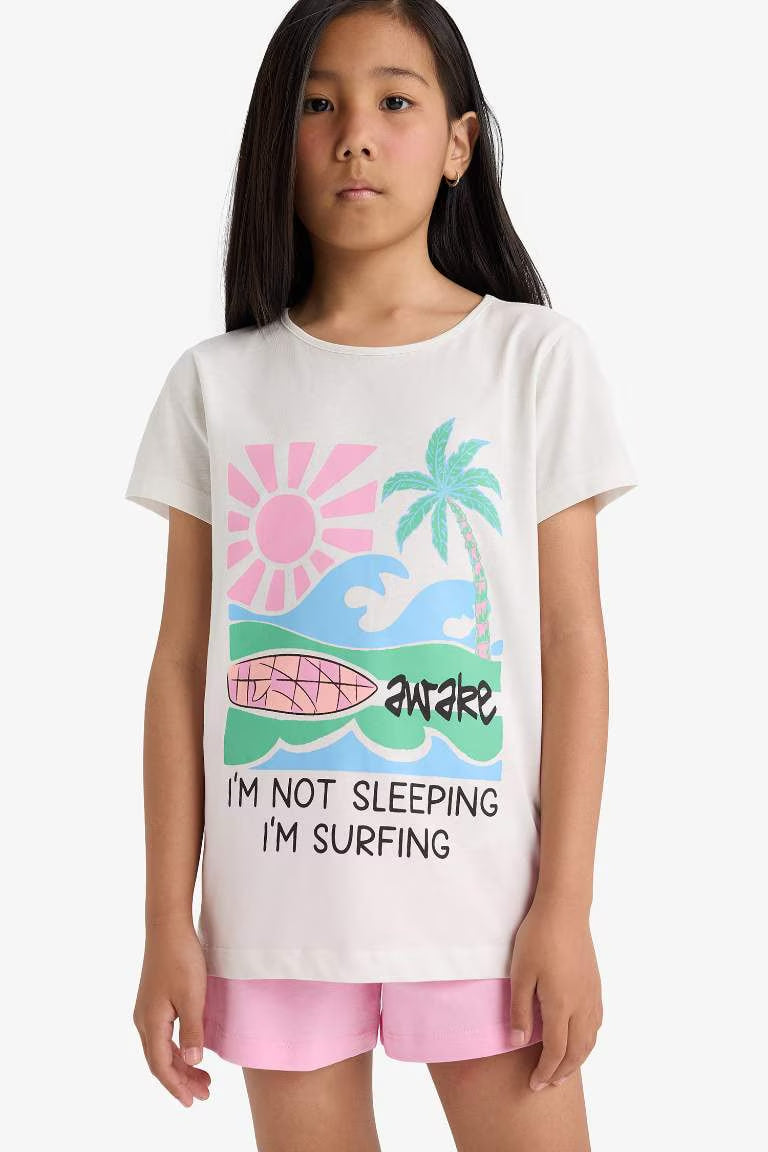 Girl Printed Short Sleeve Top Shorts 2 Piece Pajama Set - - Ecru