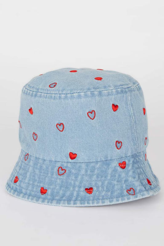 Girl Heart Denim Bucket Hat - - Denim 5-9