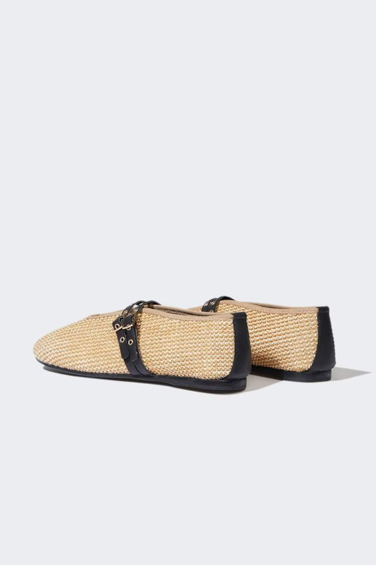 Girl Straw Detailed Ballerina Flat Shoes - -