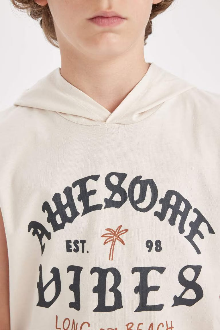 Boy Hooded Printed Sleeveless T-Shirt - -
