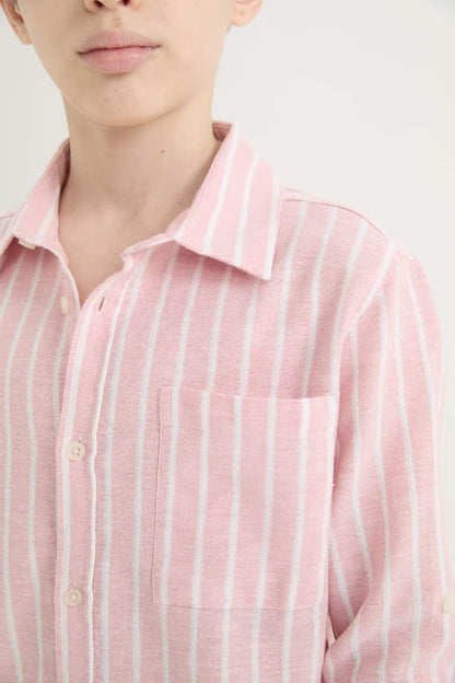 Boy Regular Fit Polo Collar Striped Linen Blend Shirt - -