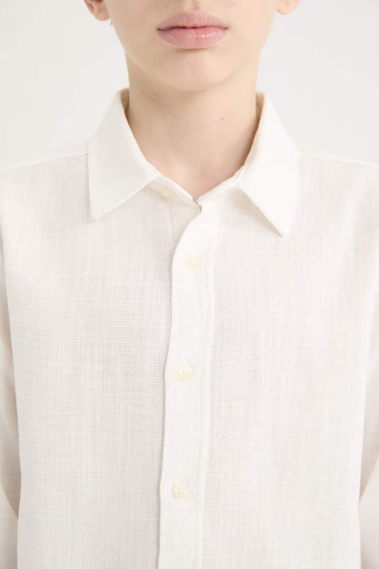Boy Polo Collar Linen Look Long Sleeve Shirt - -