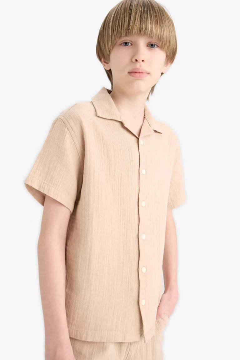 Boy Oversize Fit Polo Neck Muslin Shirt - - Beige