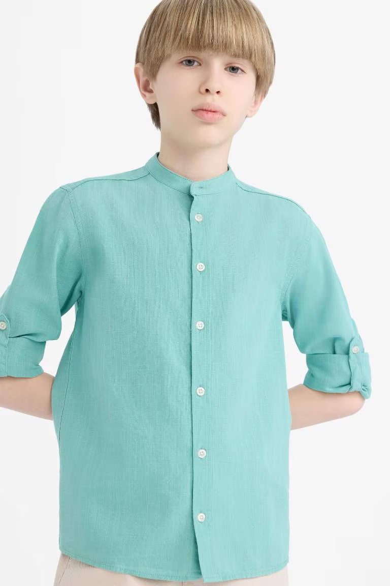 Boy Regular Fit Stand-up Collar Linen Look Shirt - - light green