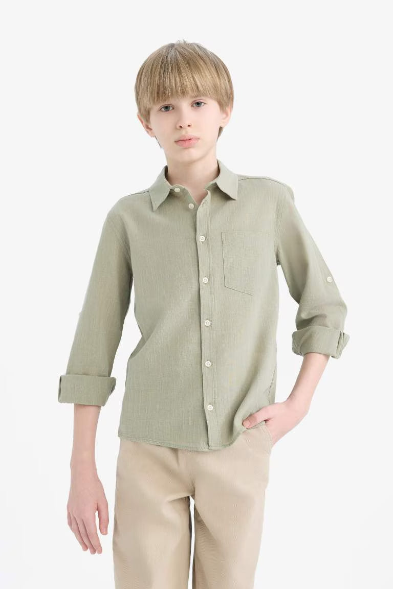 Boy Polo Neck Linen Look Long Sleeve Shirt - -