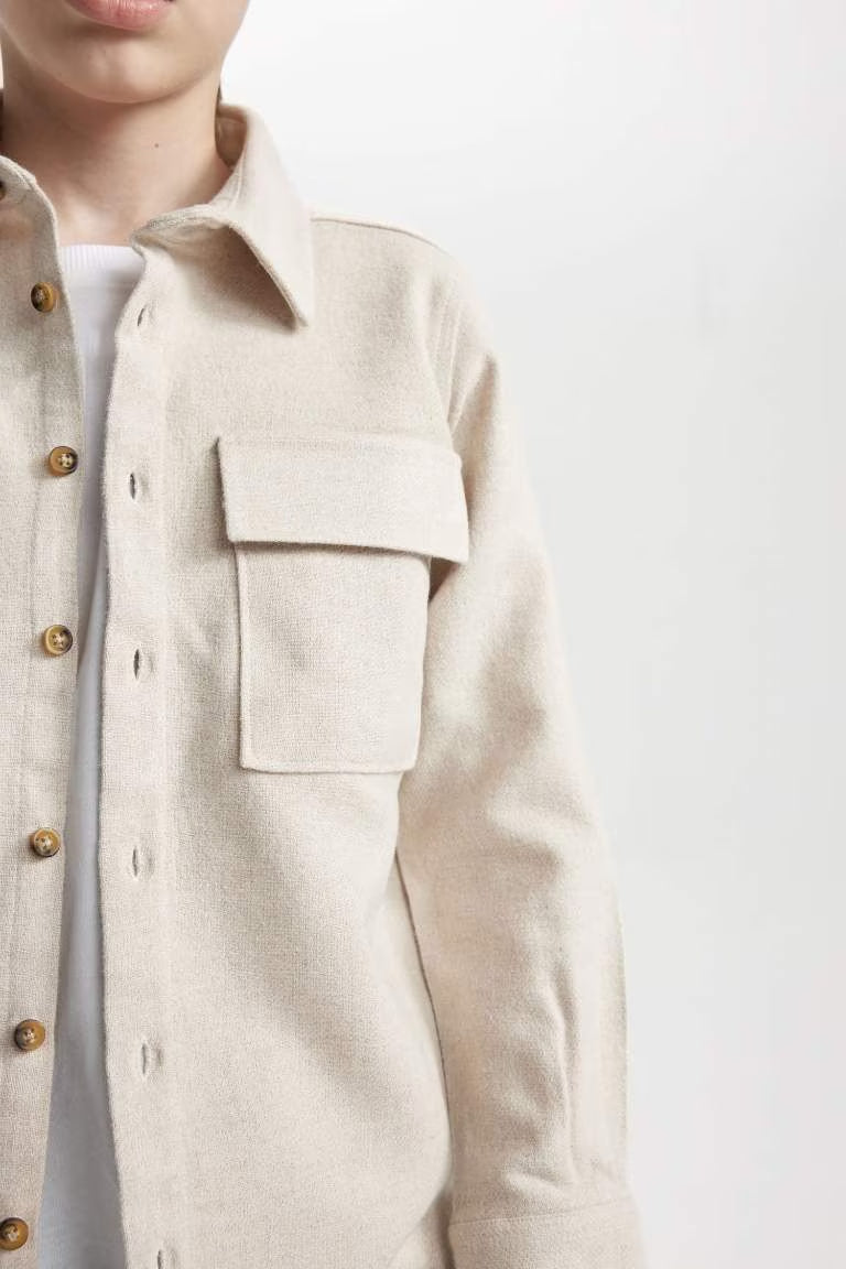 Boy Regular Fit Polo Neck Long Sleeve Beige Shirt - -