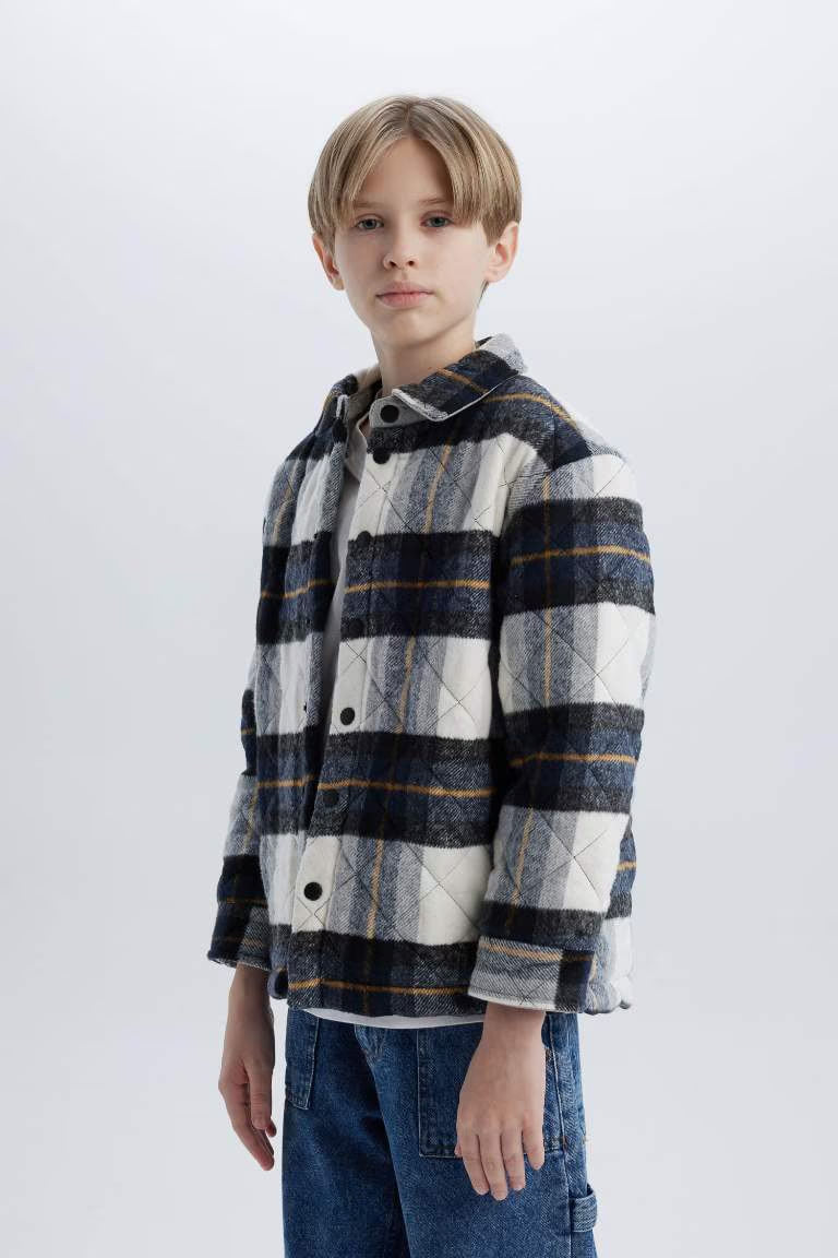 Boy Oversize Fit Polo Neck Flannel Snap Closure Shirt Jacket - -