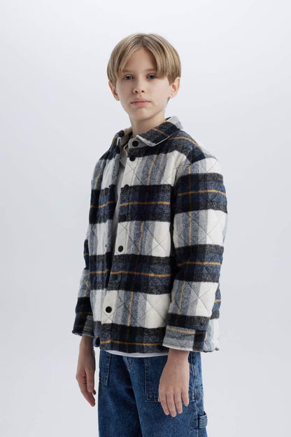 Boy Oversize Fit Polo Neck Flannel Snap Closure Shirt Jacket - -