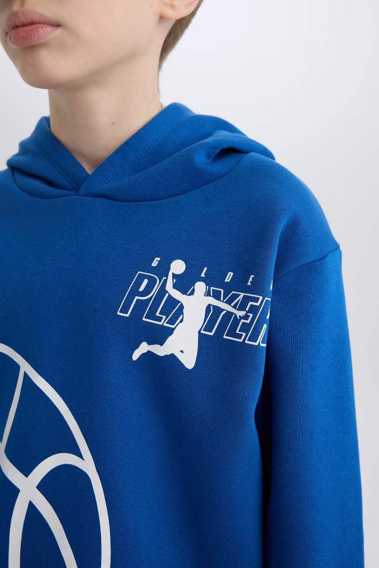 Boy Hooded Sports Printed Thick Sweatshirt - -