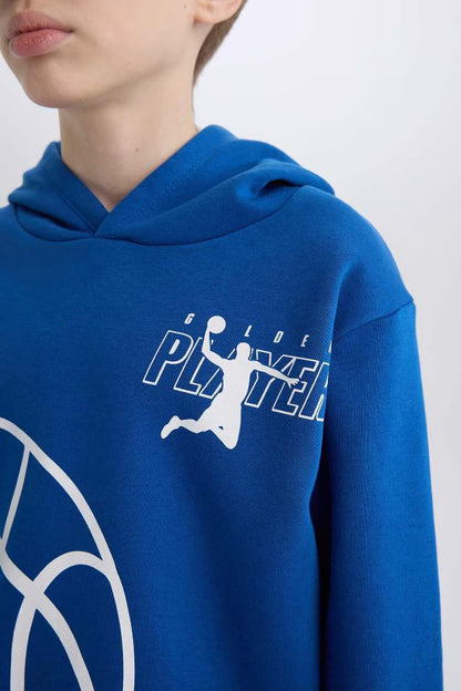 Boy Hooded Sports Printed Thick Sweatshirt - -