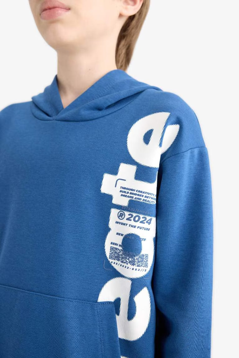 Boy Hooded Kangaroo Pocket Printed Sweatshirt - -