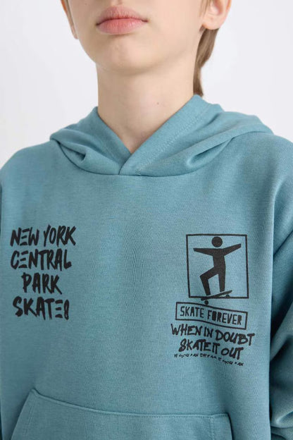 Boy Hooded Back Printed Sweatshirt - -