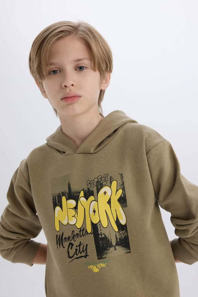 Boy Hooded Printed Thick Sweatshirt - -