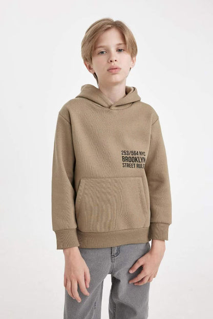 Boy Printed Hooded Thick School Sweatshirt - - Light brown
