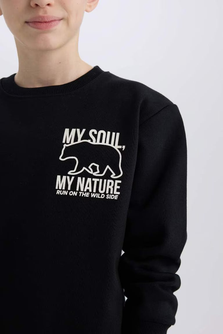 Boy Crew Neck Back Printed Soft Furry Inside Sweatshirt - -