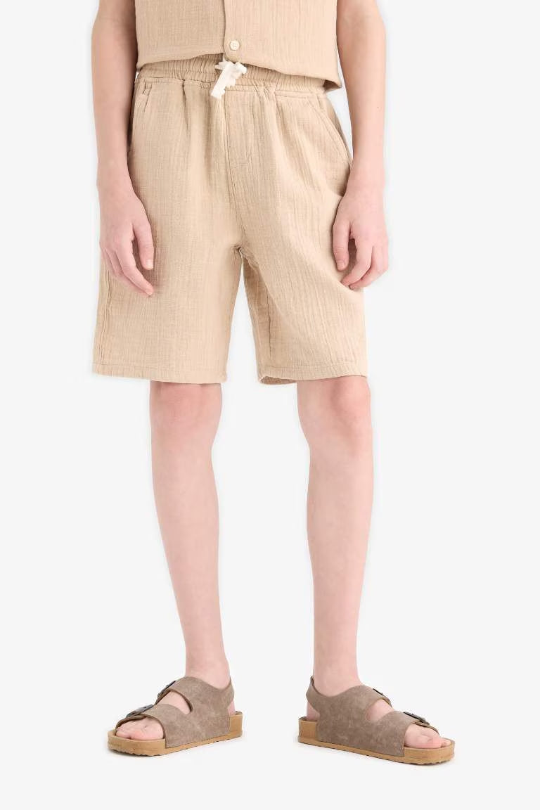 Boy Elastic Waist Muslin Shorts - - Beige
