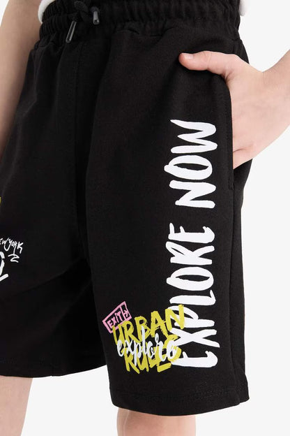 Boy Elastic Waist Printed Shorts - - Black