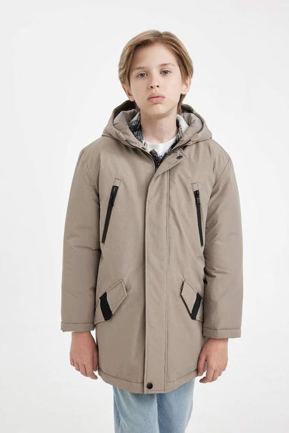 Boy Hooded Zippered Waterproof Jacket - - stone