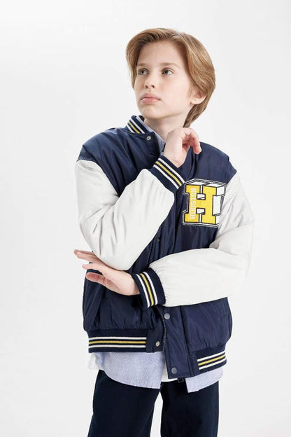 Boy Waterproof College Collar Bomber Jacket - -