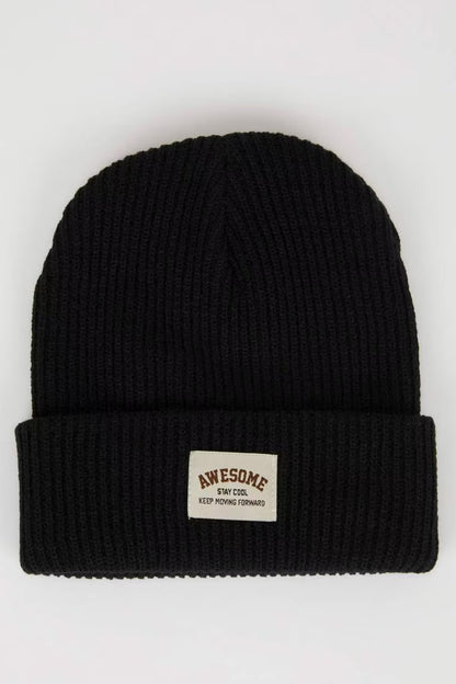 Boy Woven Labeled Ribbed Knitted Beanie - -
