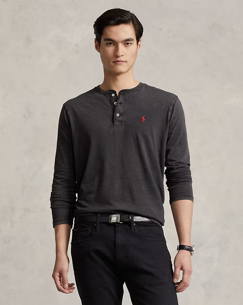 Slub Jersey Henley Shirt - - Black XS