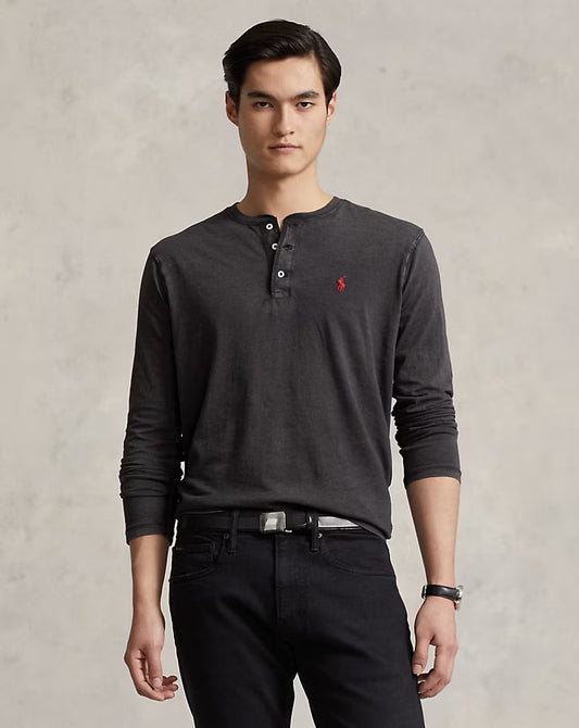 Slub Jersey Henley Shirt - - Black XS