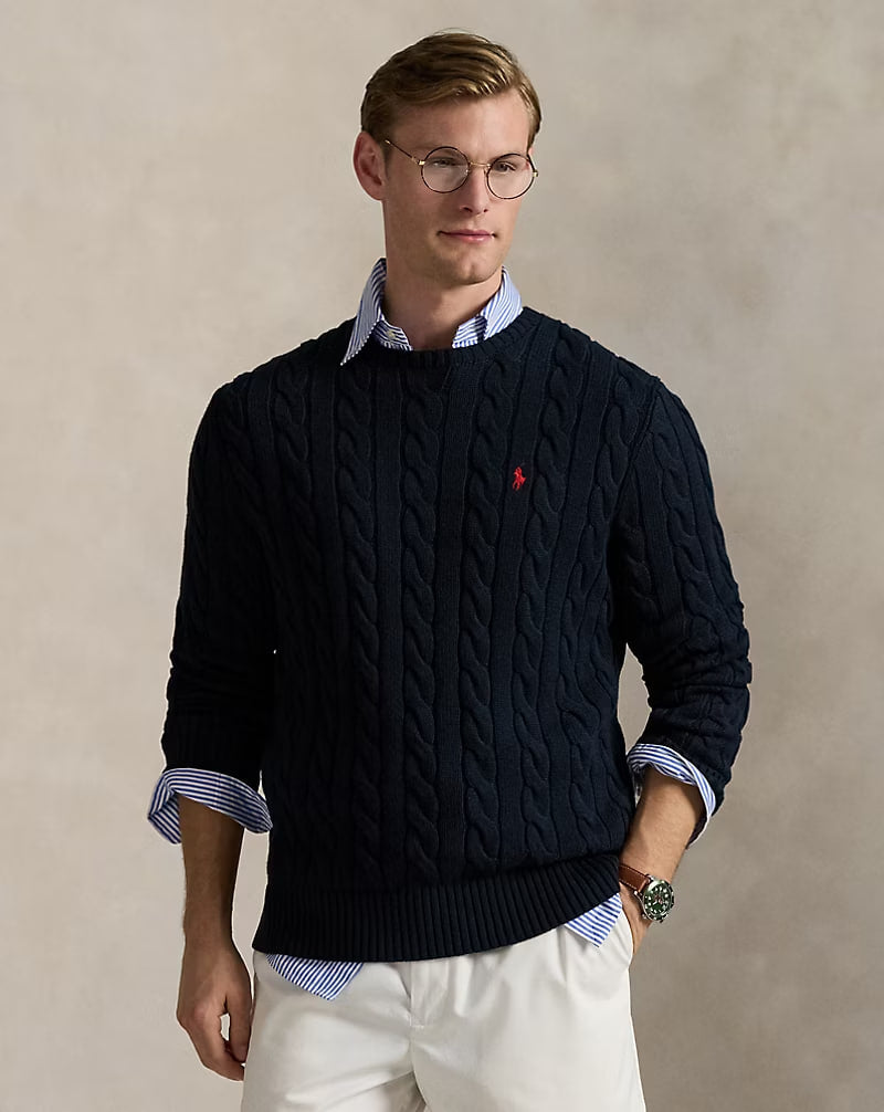 Cable-Knit Cotton Sweater - - Navy