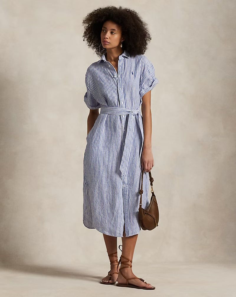 Striped Linen Short-Sleeve Shirtdress - -