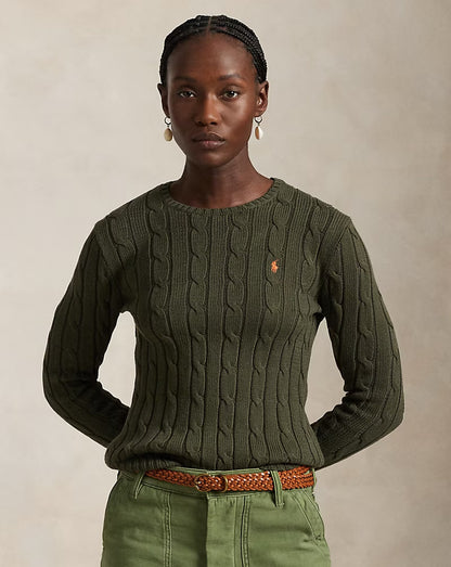 Cable-Knit Cotton Crewneck Sweater - - olive green