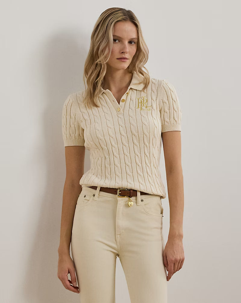 Cable-Knit Cotton Polo Sweater - - cream