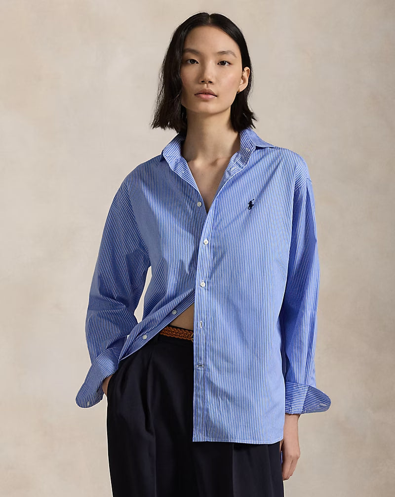 Relaxed Fit Striped Cotton Shirt - - Blue