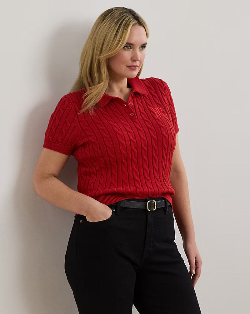 Cable-Knit Cotton Polo Sweater - - Red