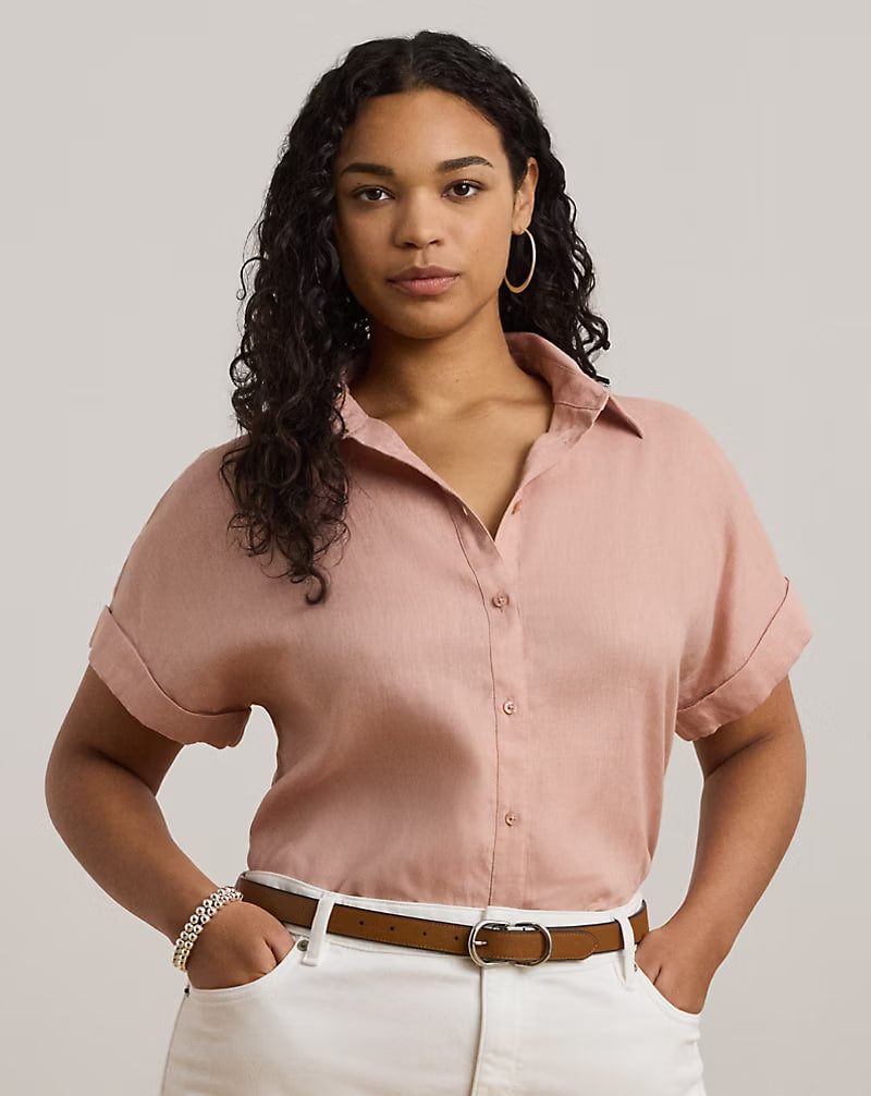 Relaxed Fit Linen Short-Sleeve Shirt - - sunrise blush