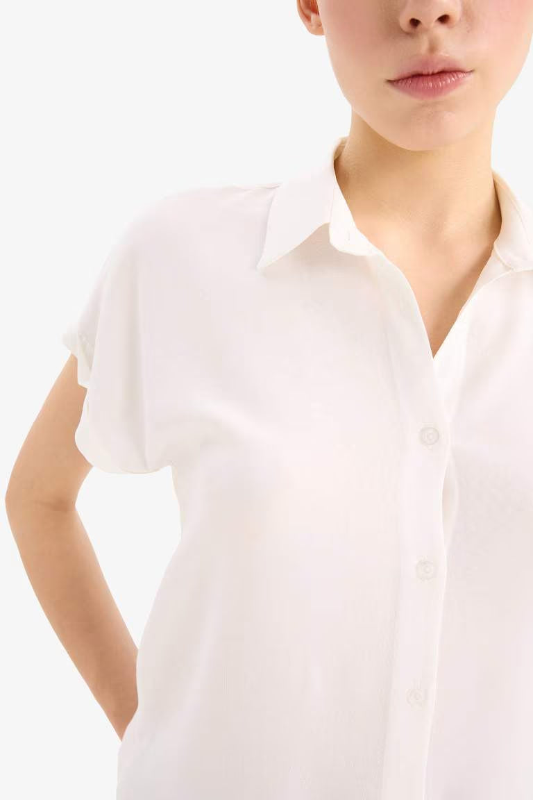 Regular Fit Shirt Collar Viscose Short Sleeve Shirt - - White