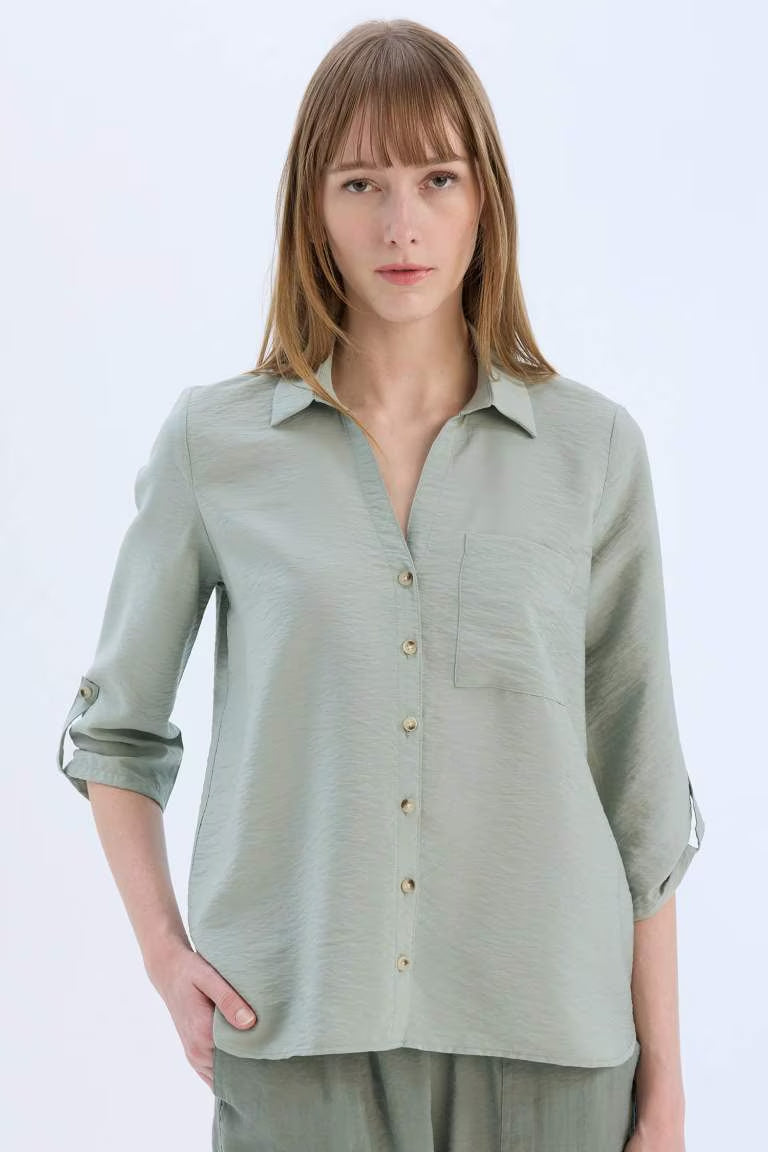 Regular Fit Shirt Collar Long Sleeve Shirt - - Green