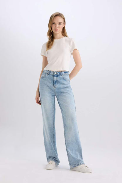 90's Wide Leg High Waist Long Washed Jeans - - Blue