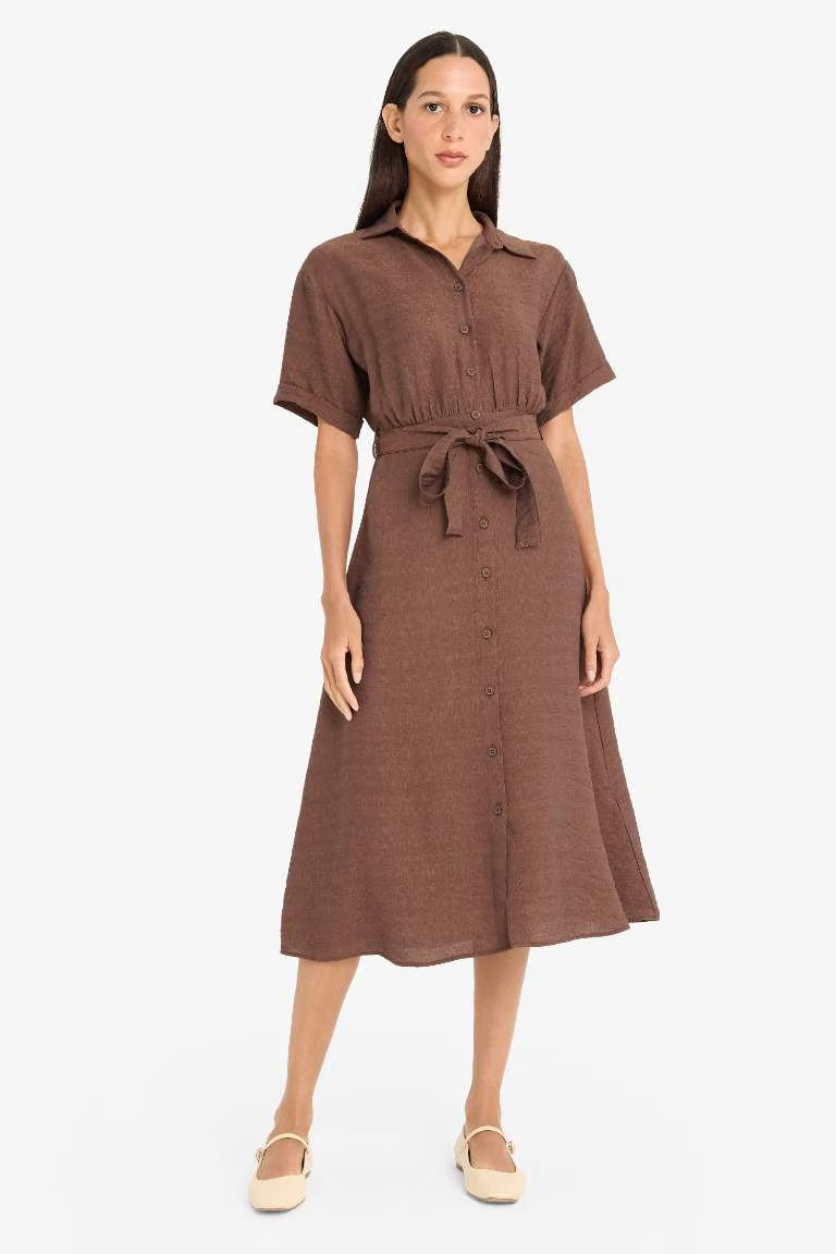 Shirt Collar Belted Short Sleeve Red Midi Dress - - Brown