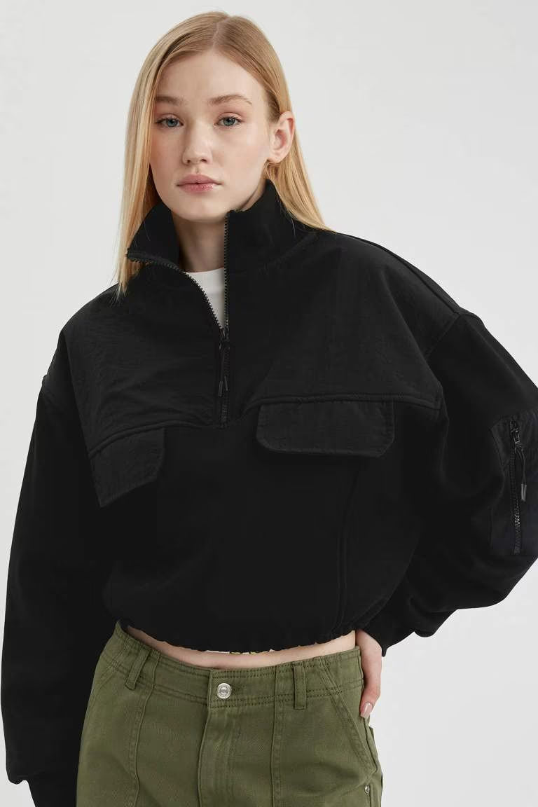 Zipper Collar Thick Fabric Crop Sweatshirt - -