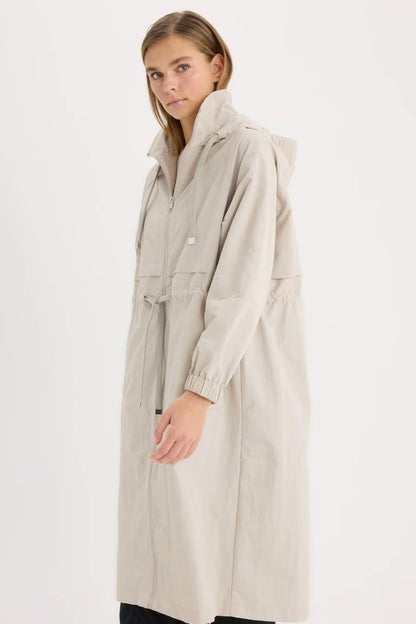 Hooded Zipper Closure Pocket Drawstring Waist Long Waterproof Raincoat - -