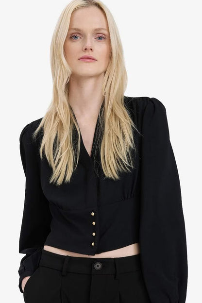 Slim Fit V-Neck Long Sleeve Blouse - - Black