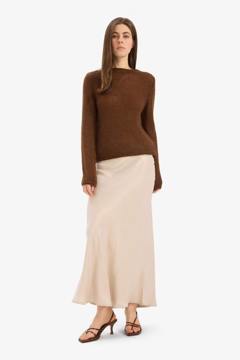 A Cut Satin Normal Waist Midi Skirt - - Beige
