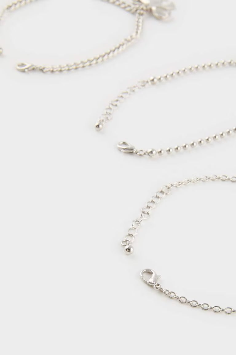 Woman Pink Stone 3 Piece Silver Bracelet - -