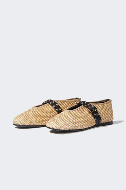 Woman Double Strap Straw Ballerina Flat Shoes - - Beige