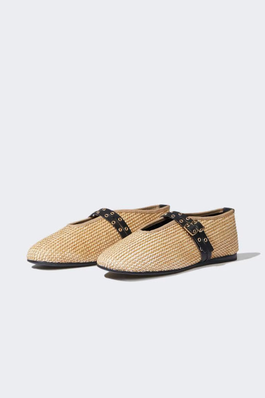 Woman Double Strap Straw Ballerina Flat Shoes - - Beige