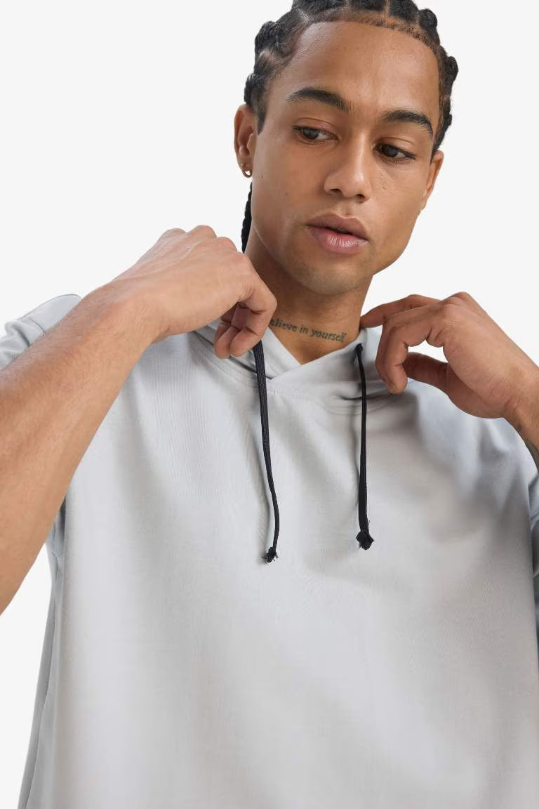DeFactoFit Standard Fit Hooded Printed Sports T-Shirt - - Heather