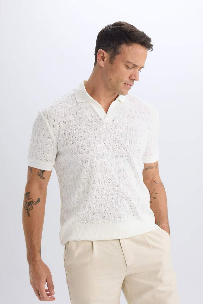 Regular Fit Knitting Look Polo T-Shirt - -