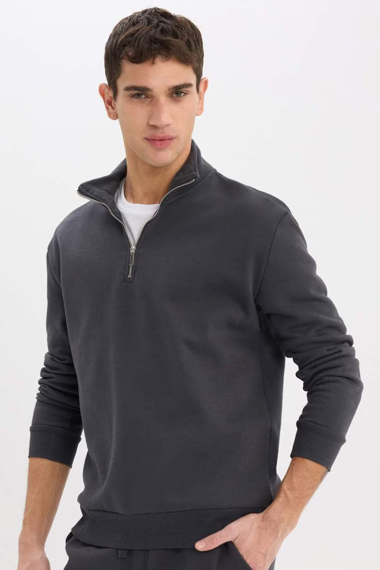 Comfort Regular Fit Relaxed Fit Zippered Basic Sweatshirt - - anthracite